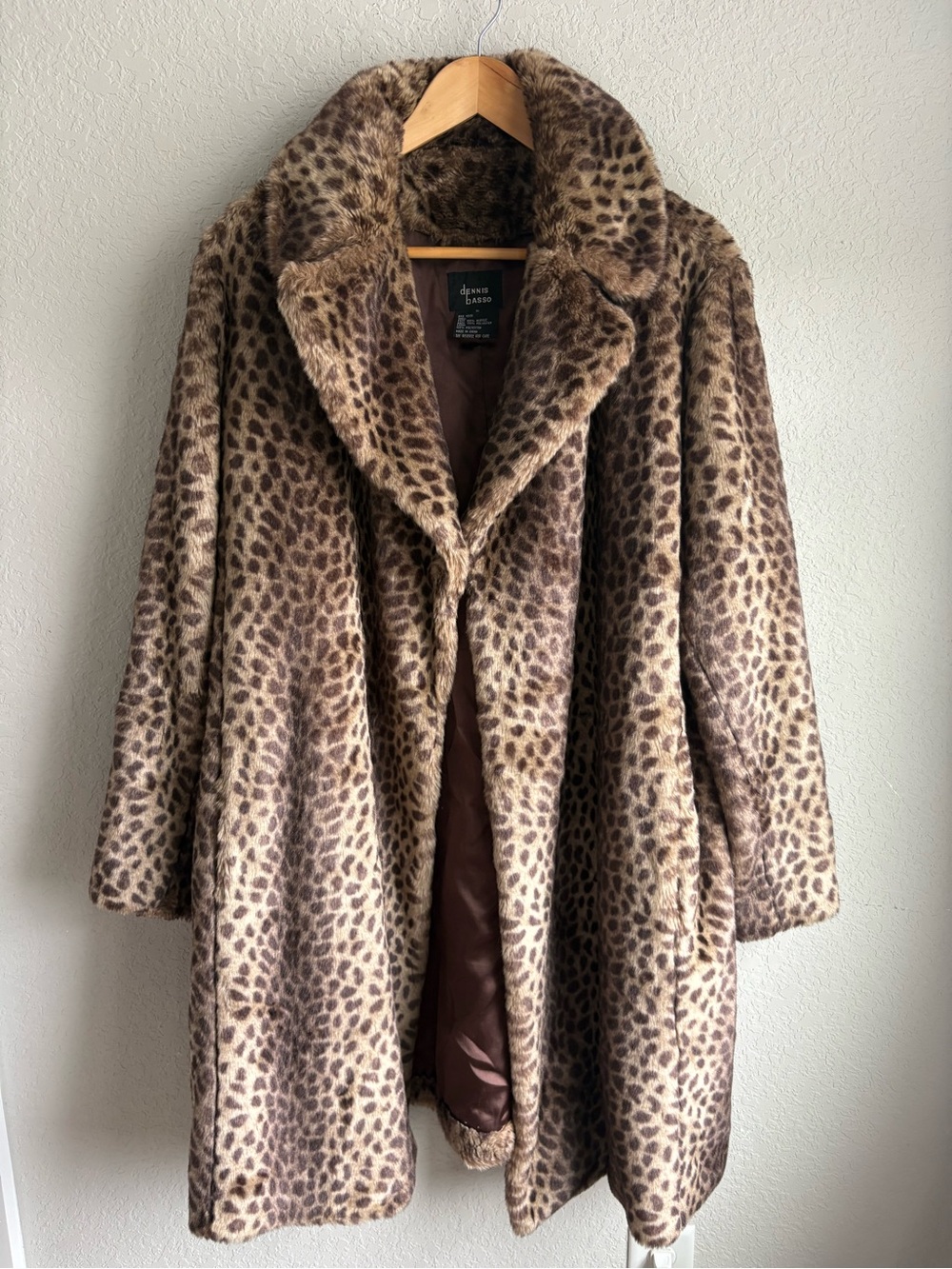 Dennis Basso Leopard Print Faux Fur Coat Women’s 1X Long Luxe Statement Coat